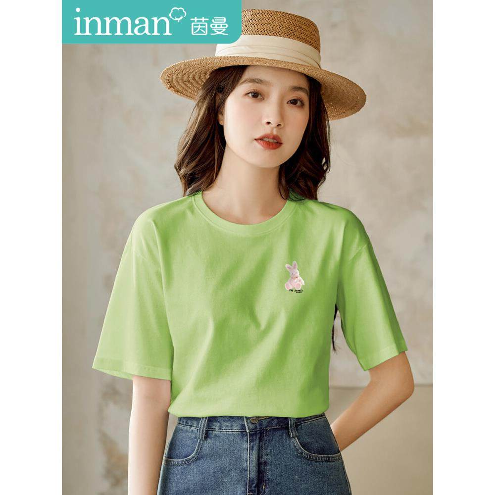 茵曼2025夏季新款纯棉短袖T恤印花圆领女宽松版减龄显瘦上衣爆款