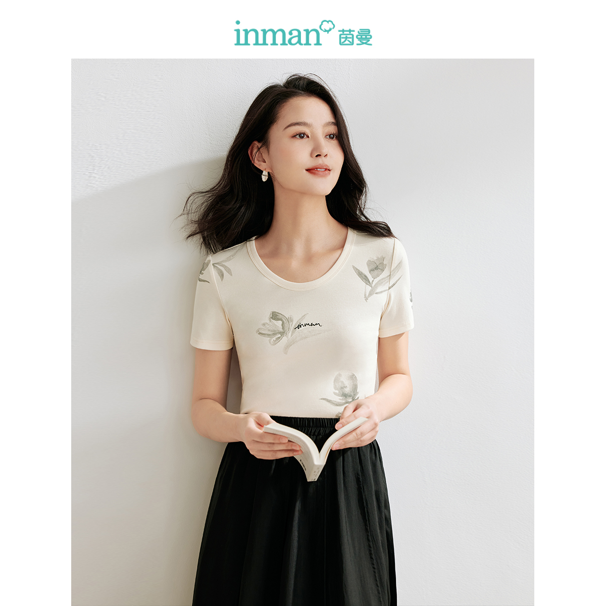 【商场同款】茵曼艺术感印花T恤2024夏季女装新款U领短袖显瘦上衣