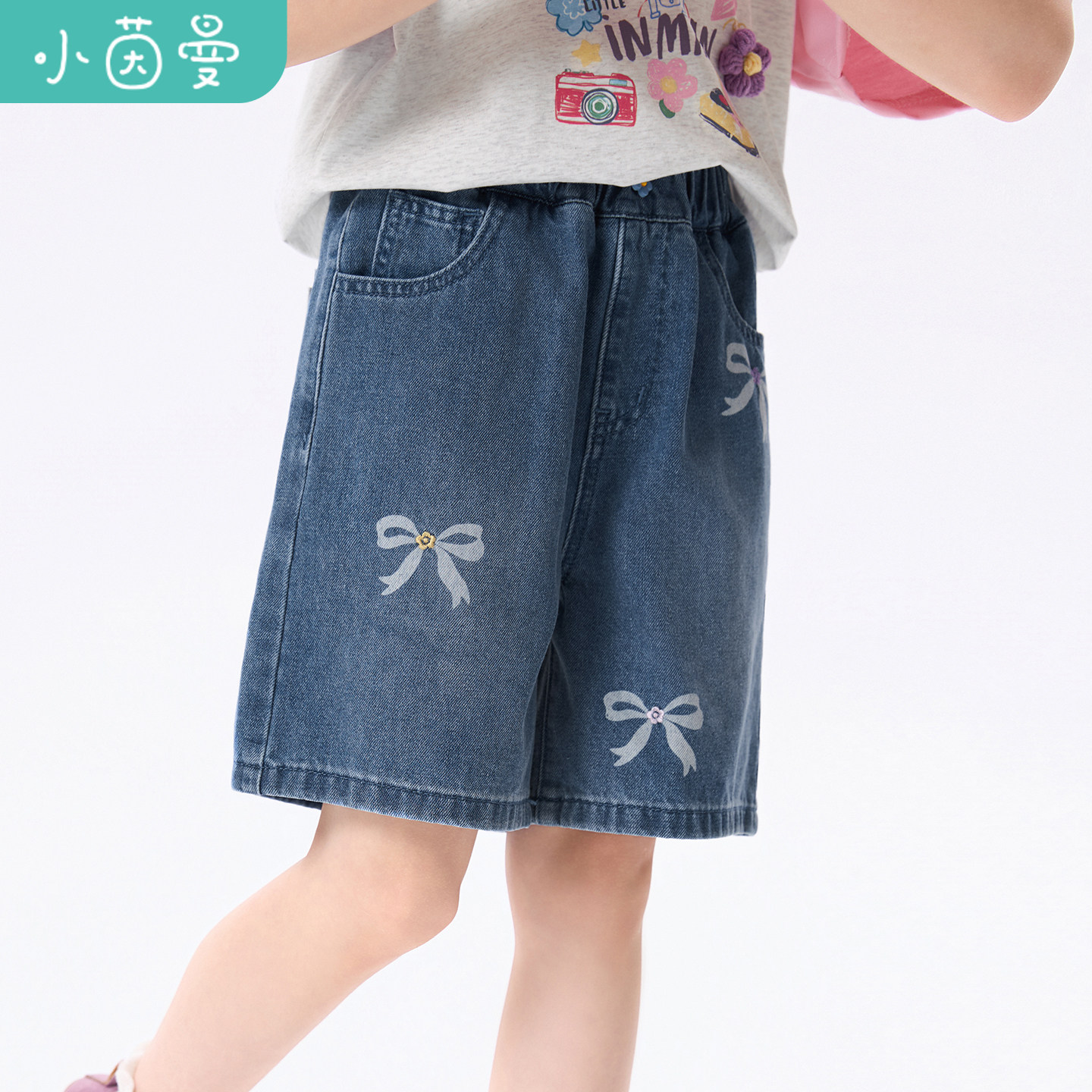 小茵曼童装女童蝴蝶结印花高腰牛仔短裤26夏中大童宽松休闲风短裤