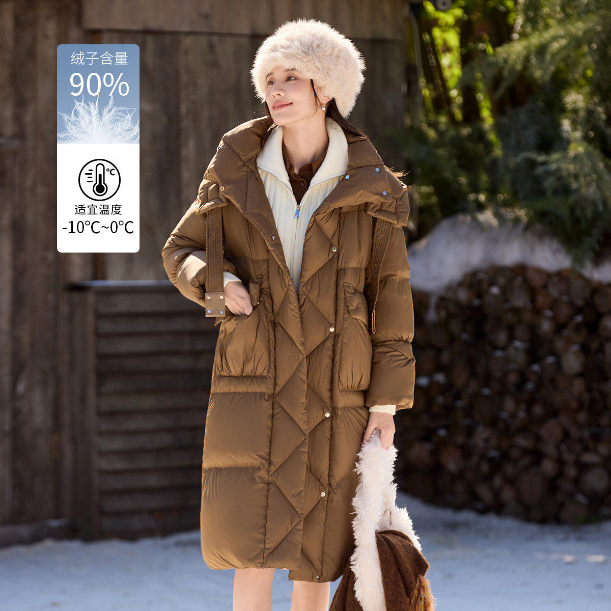 茵曼2025冬季新款加厚中长款鸭鸭羽绒服女上衣宽松连帽外套面包服