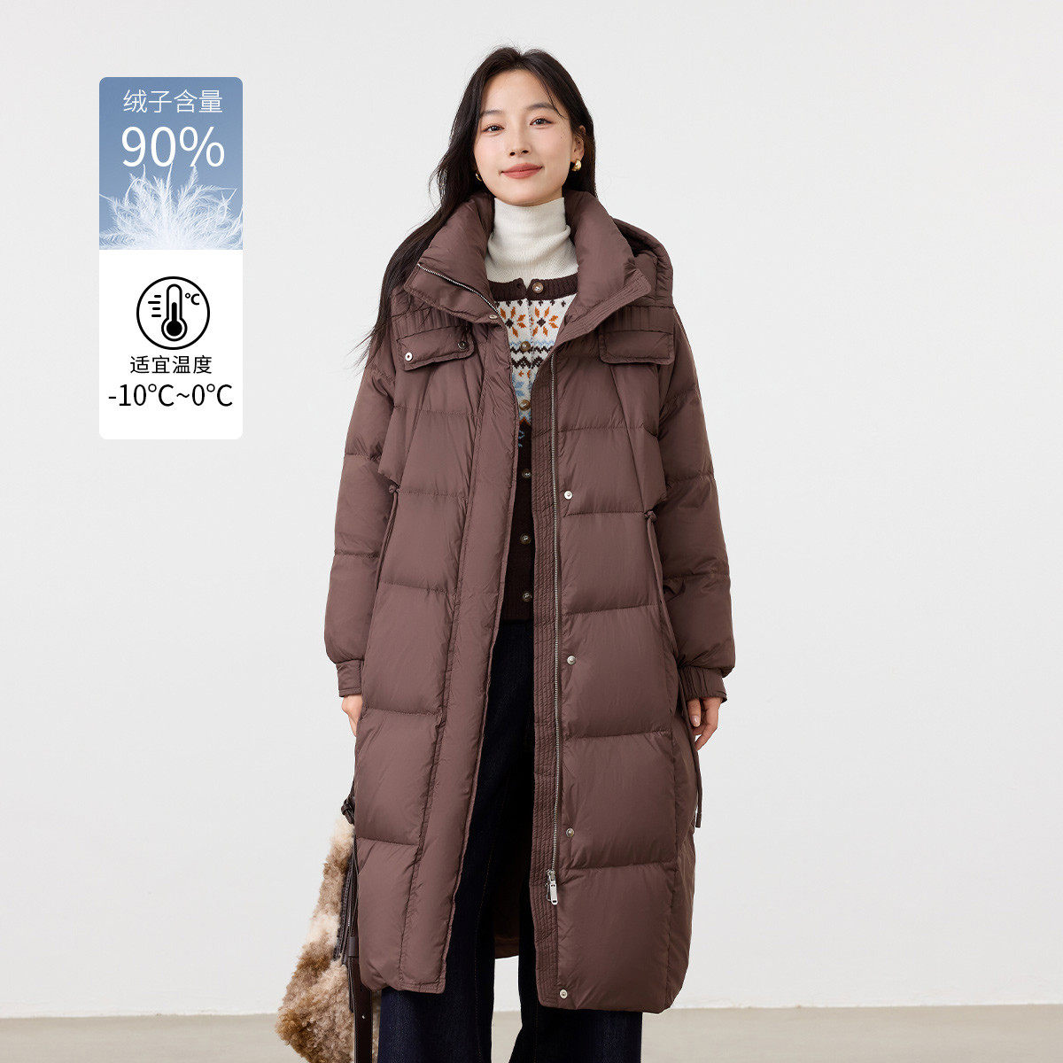 茵曼2025冬季新款加厚中长款鸭鸭羽绒服女上衣宽松连帽外套面包服