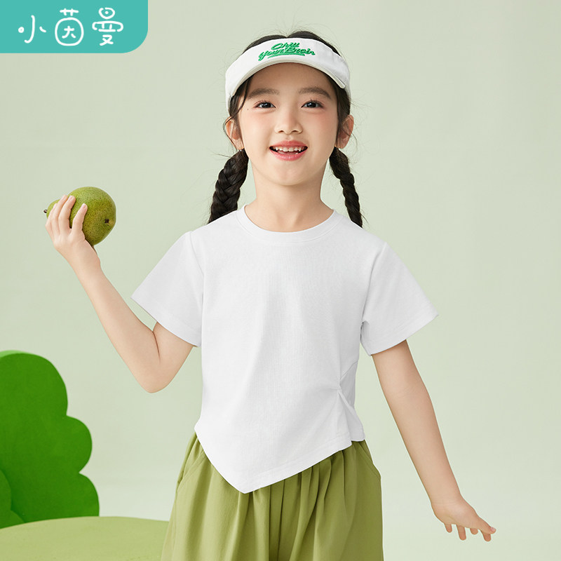 小茵曼童装女童圆领套头短袖t恤不规则下摆26夏款儿童白色打底衫