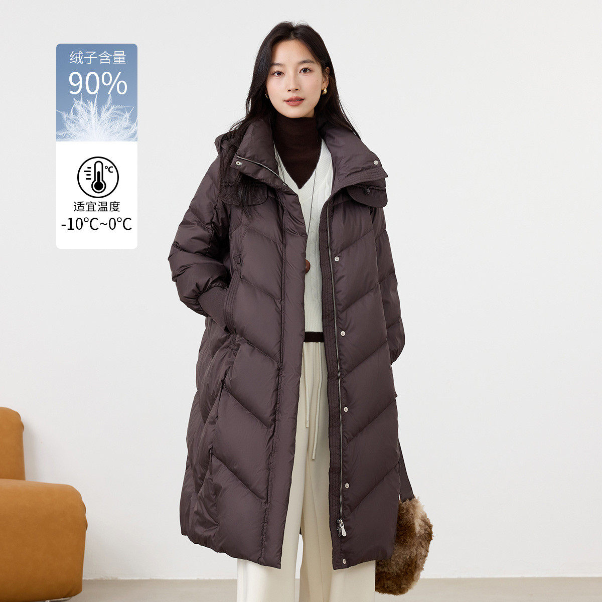 茵曼2025冬季新款加厚中长款鸭鸭羽绒服女上衣宽松连帽外套面包服