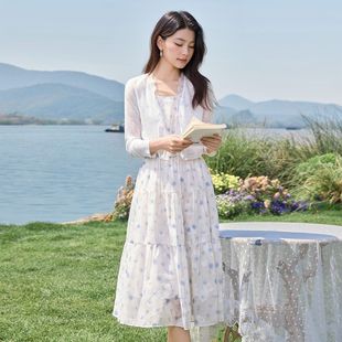 開衫 茵曼25夏季 透氣V領(lǐng)蕾絲長(zhǎng)袖 吊帶碎花連衣裙兩件套女套裝 薄款