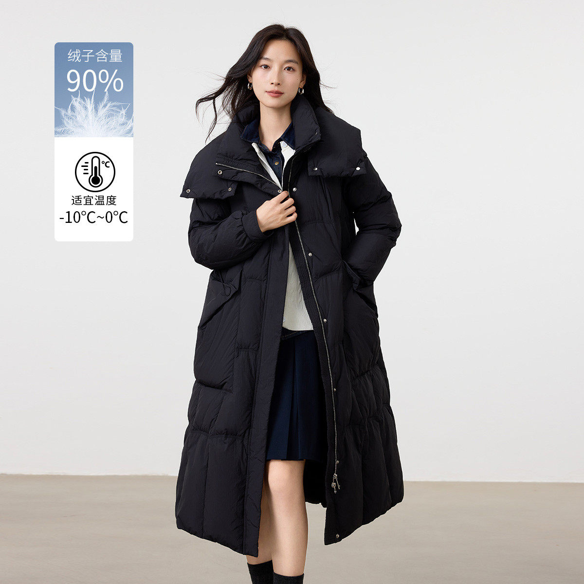 茵曼2025冬季新款中长款加厚保暖鸭鸭羽绒服女上衣宽松外套小个子