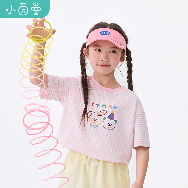 茵曼女童条纹短袖t恤小动物印花2025夏季儿童中大童圆领休闲上衣