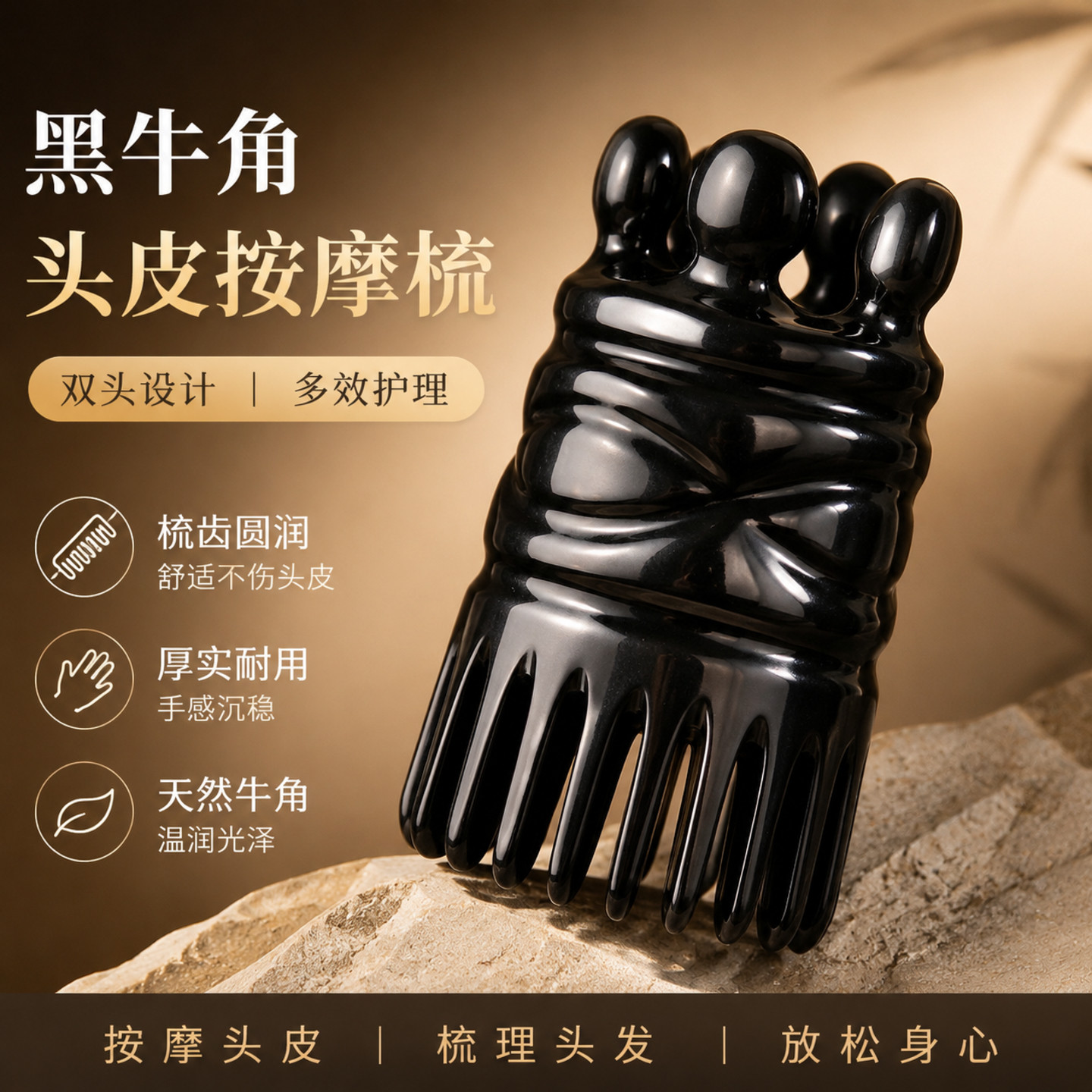 天然纯黑牛角双头经络按摩梳