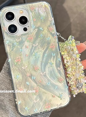 ins绿色蝴蝶碎花适用三星s25ultra手机壳s24女s23fe蕾丝挂件s21+新款a10防摔a16可爱a24高级感a33羽纱a51/a53