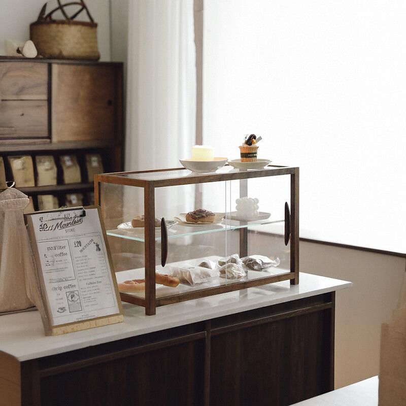 复古北美黑胡桃木实木玻璃面包展示柜咖啡店甜品茶具陈列架收纳柜