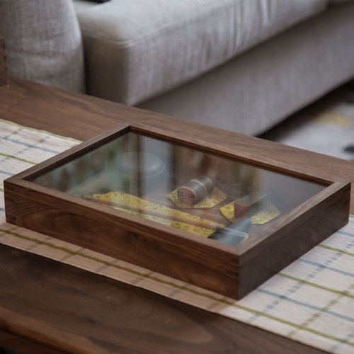 北美黑胡桃木茶具展示盒防尘茶杯透明玻璃收纳茶室桌面实木陈列柜