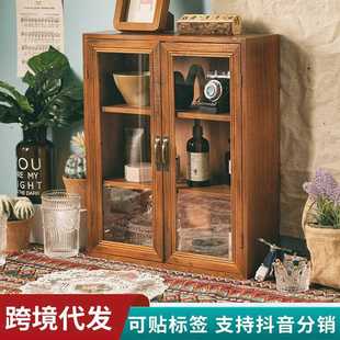 饰木质茶具双开门收纳柜 家用复古手工防尘储物柜子多层整理酒店装