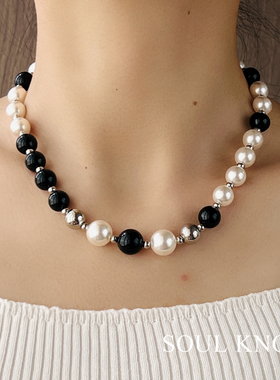 SOUT KNOT小众冷淡风简约黑玛瑙不掉色叠戴拼接穿搭个性撞色项链