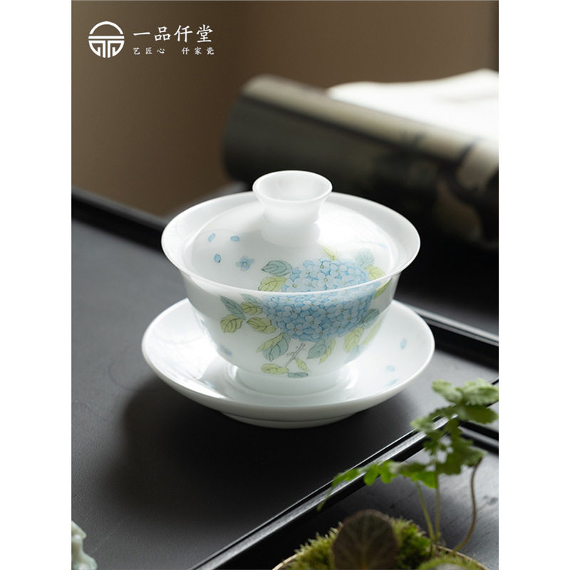 一品仟堂手绘盖碗茶杯三才德化白瓷冰种茶具国画牡丹茶碗单个高档