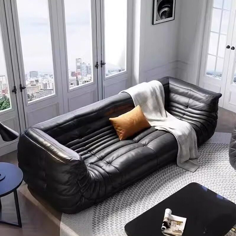 北欧意式极简中古沙发togo毛毛虫复古客厅黑色直排三人位真皮沙发