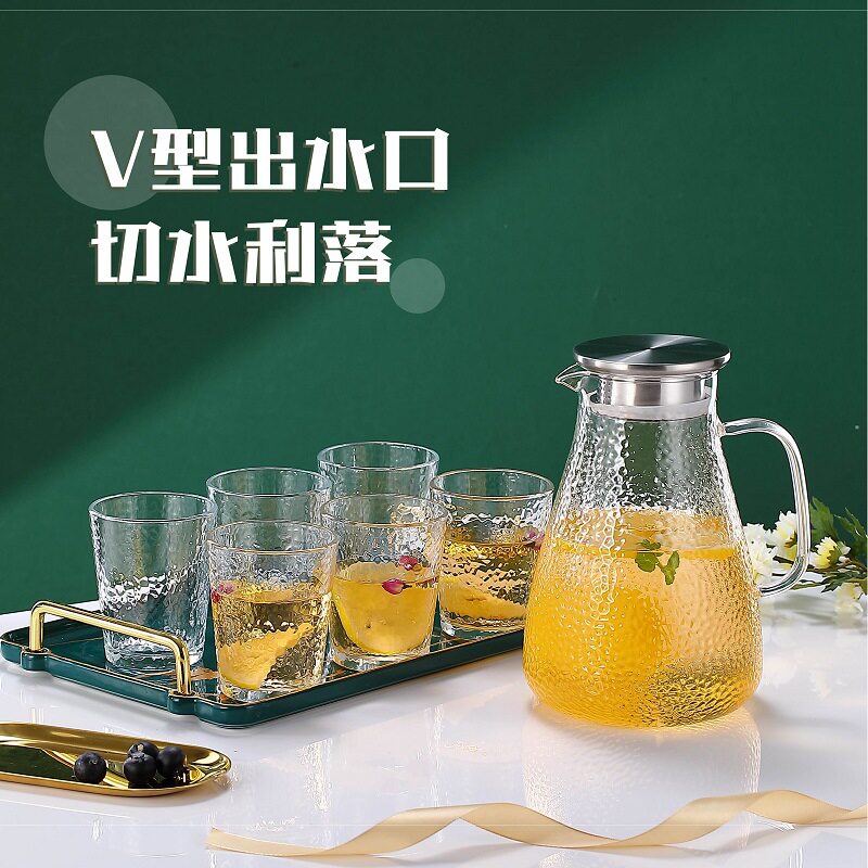 透明玻璃冷水壶套装锤纹简约喝水杯子