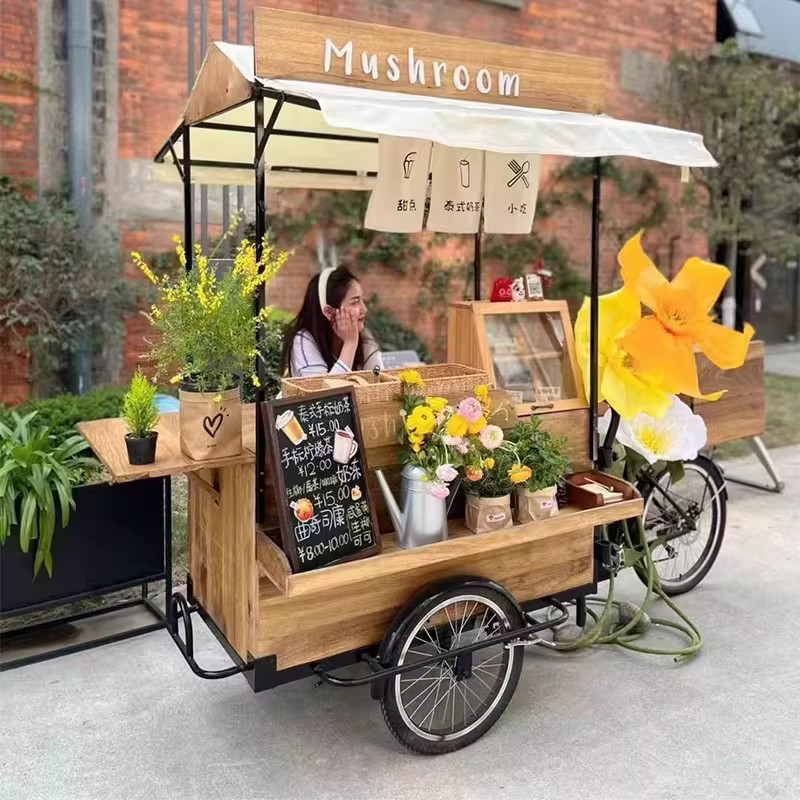 网红实木小推车户外移动倒骑三轮咖啡餐车促销摆摊夜市景区流动车