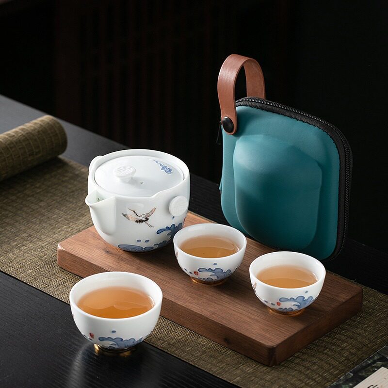 便携式旅行茶具套装手绘青花瓷单人功夫手抓泡茶壶茶杯露营快客杯