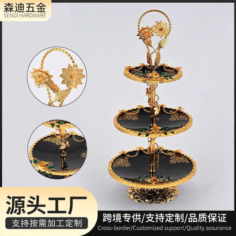 厂家跨境欧式复古轻奢铁艺玻璃盘子电镀金色圆形玻璃三层水果果盘