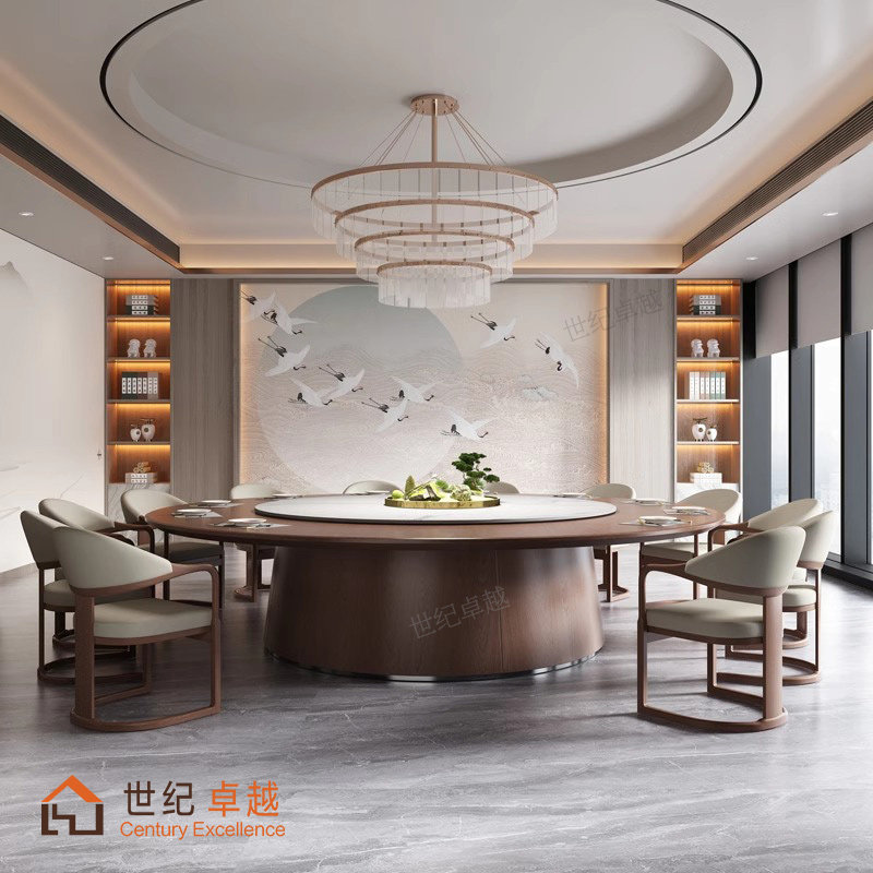 新中式酒店电动餐桌带岩板加热转盘大圆桌家用会所商用轻奢实木椅
