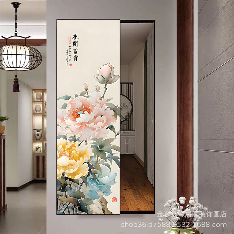 花开富贵入户玄关镜子画隐藏式推拉穿衣镜挂画牡丹全身镜暗藏式镜