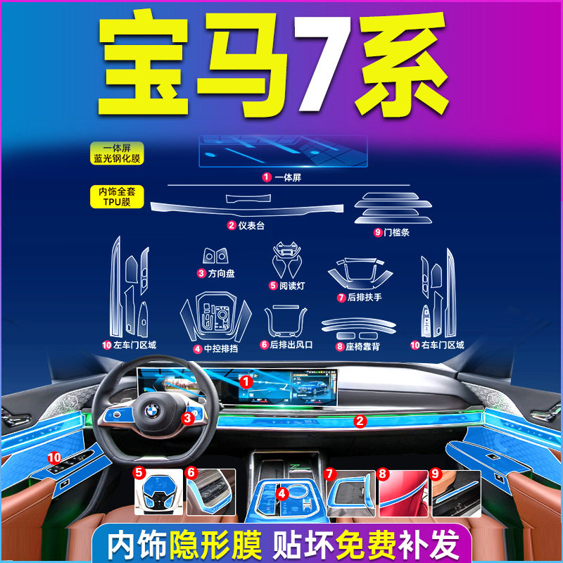 适用宝马7系内饰膜中控屏幕钢化贴膜740改装735装饰汽车用品配件