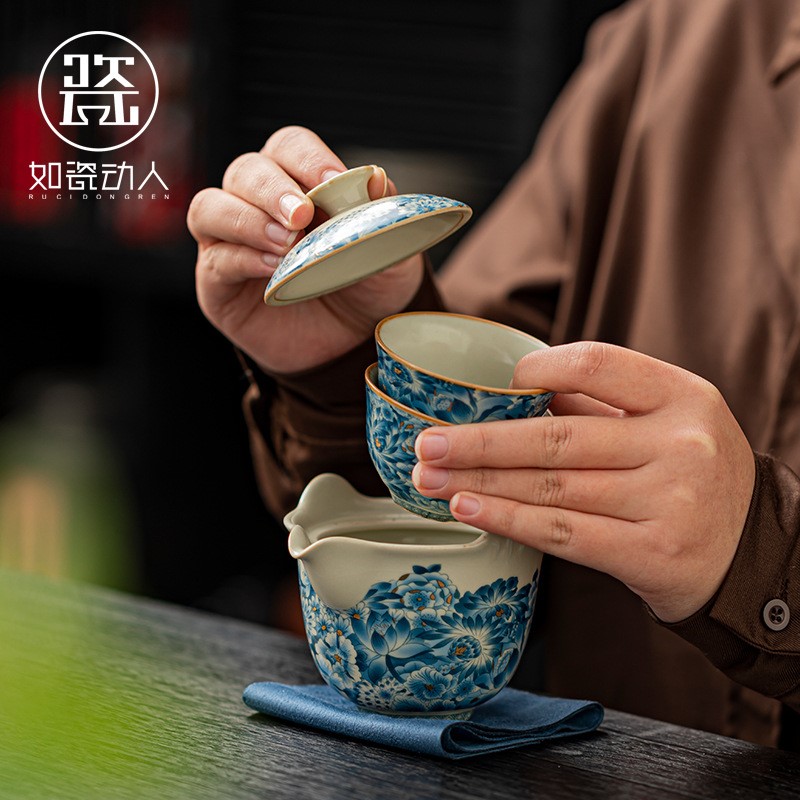 汝窑青花瓷快客杯2024新款便携式旅行茶具套装户外随身一壶三杯