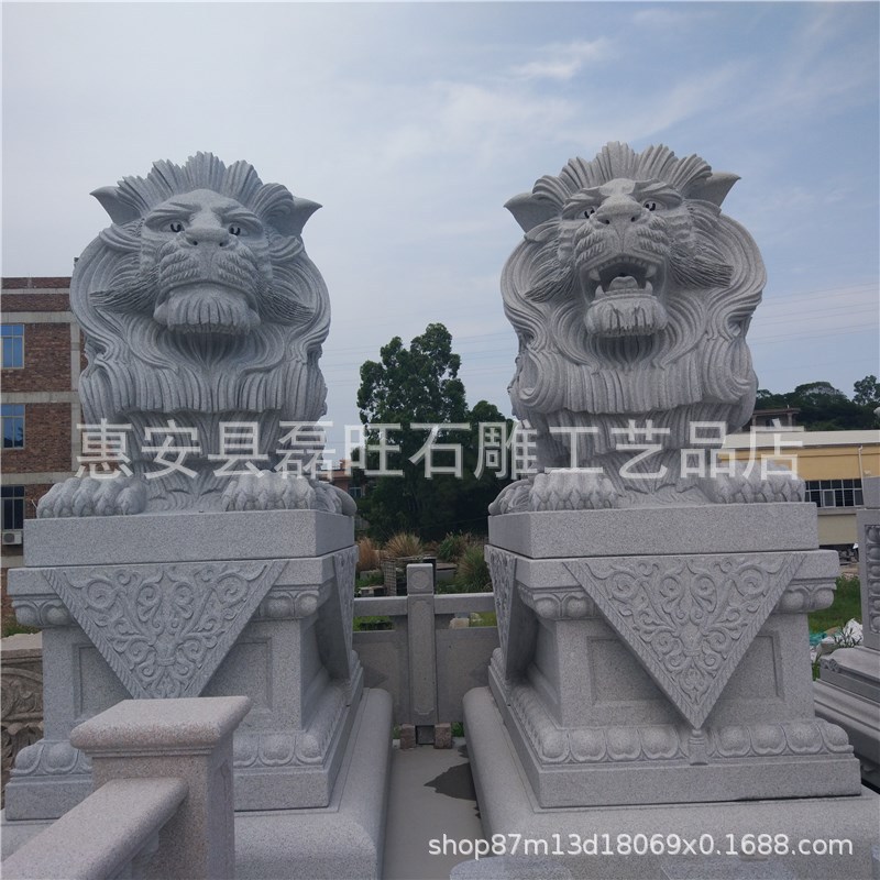 惠安直销石雕石狮花岗岩g603芝麻白石狮子墓地青石石狮子一对