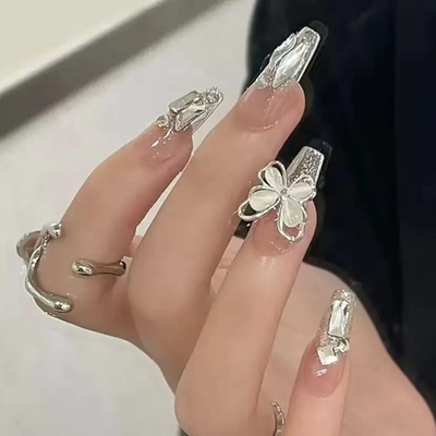 秋冬蝴蝶纯手工穿戴甲中长款梯形重工中国风高颜值银色细闪美甲