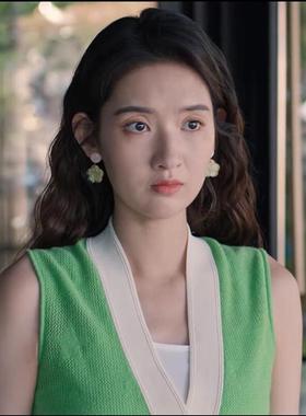 好团圆同款王玉雯向南衣服星形提花绿色毛衣马甲针织衫背心女春秋