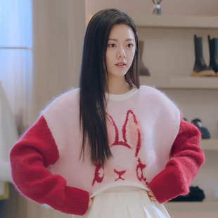 骄阳似我同款赵今麦聂曦光圆领动漫兔子粉红色毛衣针织衫上衣宽松