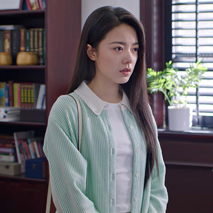 骄阳似我同款赵今麦聂曦光白浅绿色竖条纹毛线衬衫针织开衫春秋新