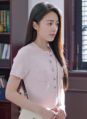 骄阳似我同款赵今麦聂曦光法式圆领浅粉色毛线连衣裙针织短袖T裙