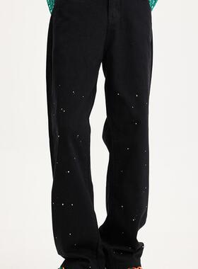 Voguo Relay 原创新品 韩版宽松直筒黑色白色牛仔裤 泼漆设计男女