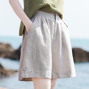 亚麻阔腿五分裤女夏季2025新款宽松复古休闲棉麻短裤外穿高腰中裤