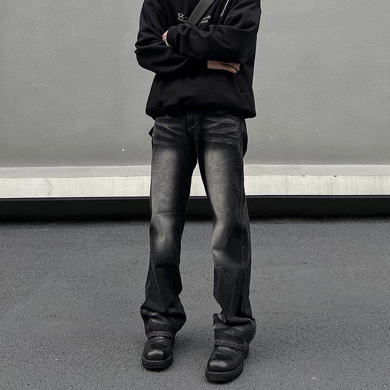 美式复古水洗黑灰微喇叭牛仔裤男高街vibe风简约修身显瘦直筒裤子
