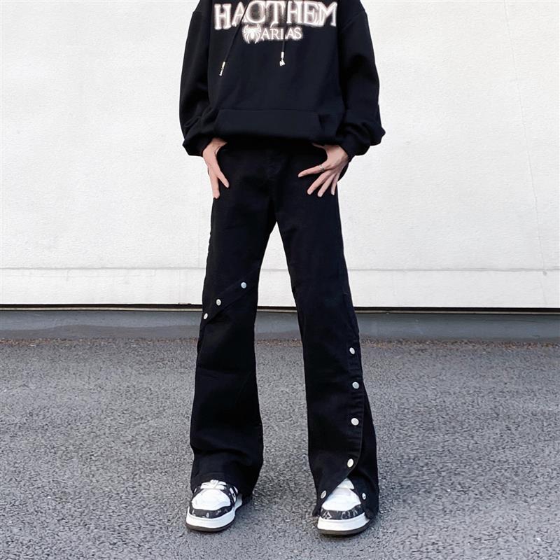 高街美式复古排扣vibe黑色拼接牛仔裤男宽松微喇叭显瘦设计感裤子