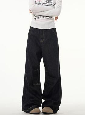 YEBOUN美式cleanfit黑色牛仔裤男潮复古直筒显瘦宽松阔腿裤子情侣