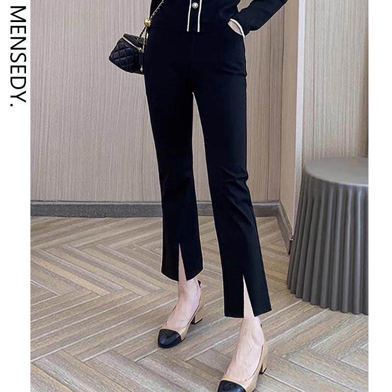 微喇裤女秋冬季显瘦垂感直筒小个子黑色西装阔腿裤加绒开叉喇叭裤