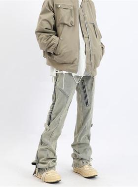 MaxDstr 做旧水洗侧开拉链微喇叭牛仔裤男直筒显瘦潮牌嘻哈长裤子