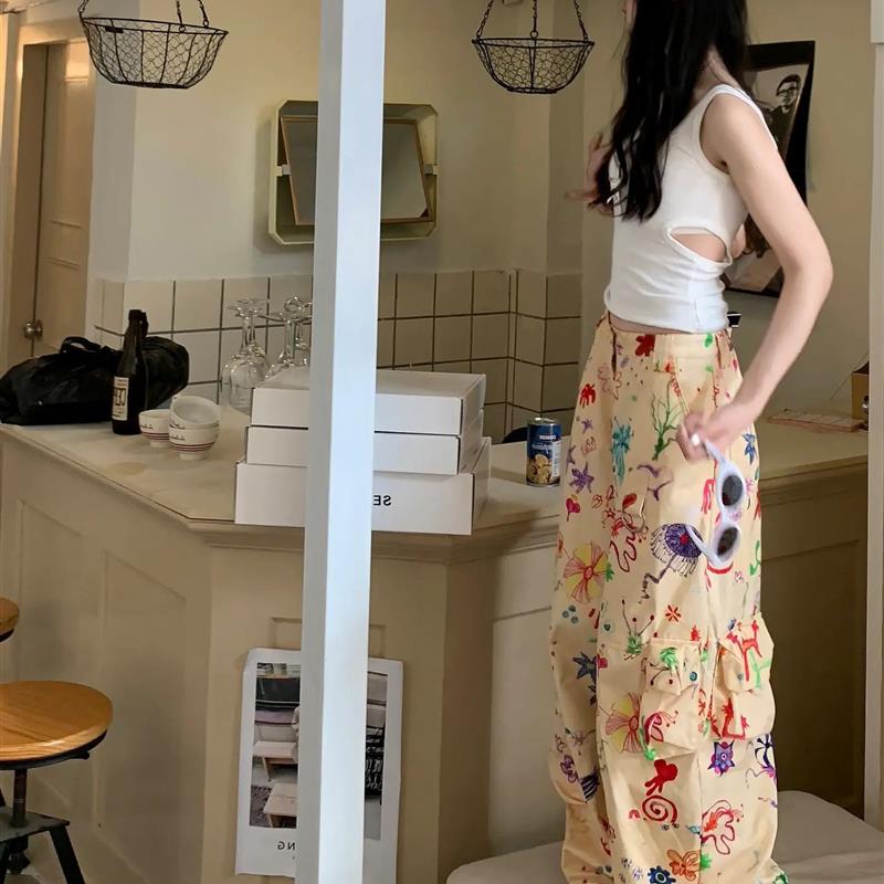 KSKM涂鸦阔腿花裤子女春秋vintage辣妹设计感小众低腰美式工装裤
