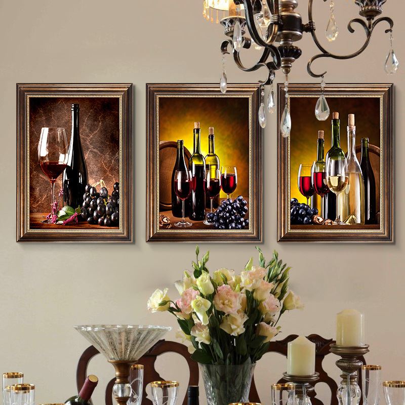 简欧餐厅装饰画沙发背景墙挂画酒店酒吧有框壁画葡萄酒水果三联画图片