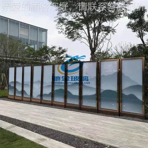 夹丝玻璃山水画夹丝夹绢玻璃屏风玄关隔断艺术玻璃厂家直销