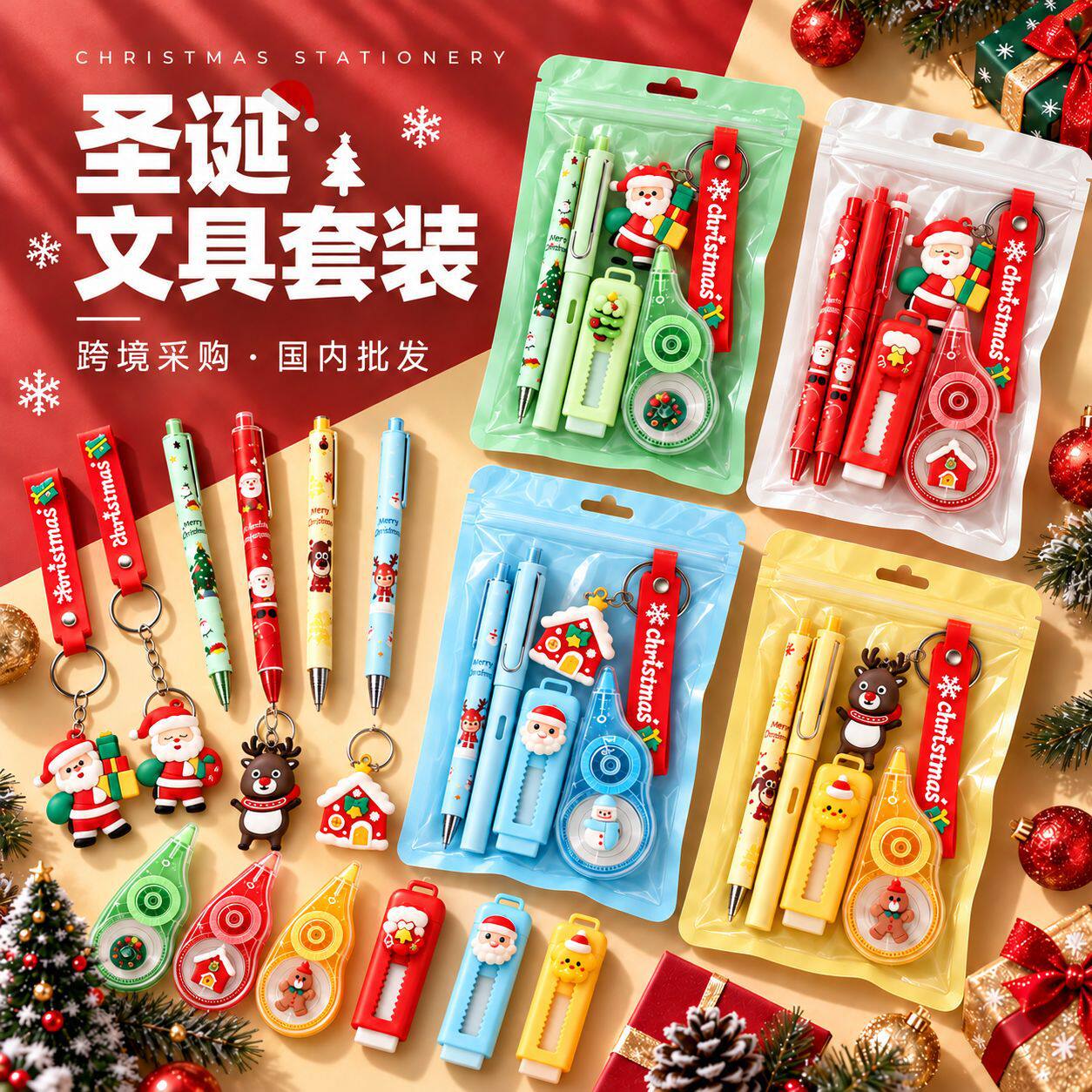 新款圣诞文具套装五件套学生学习用品节日小礼物班级奖品奖励ins