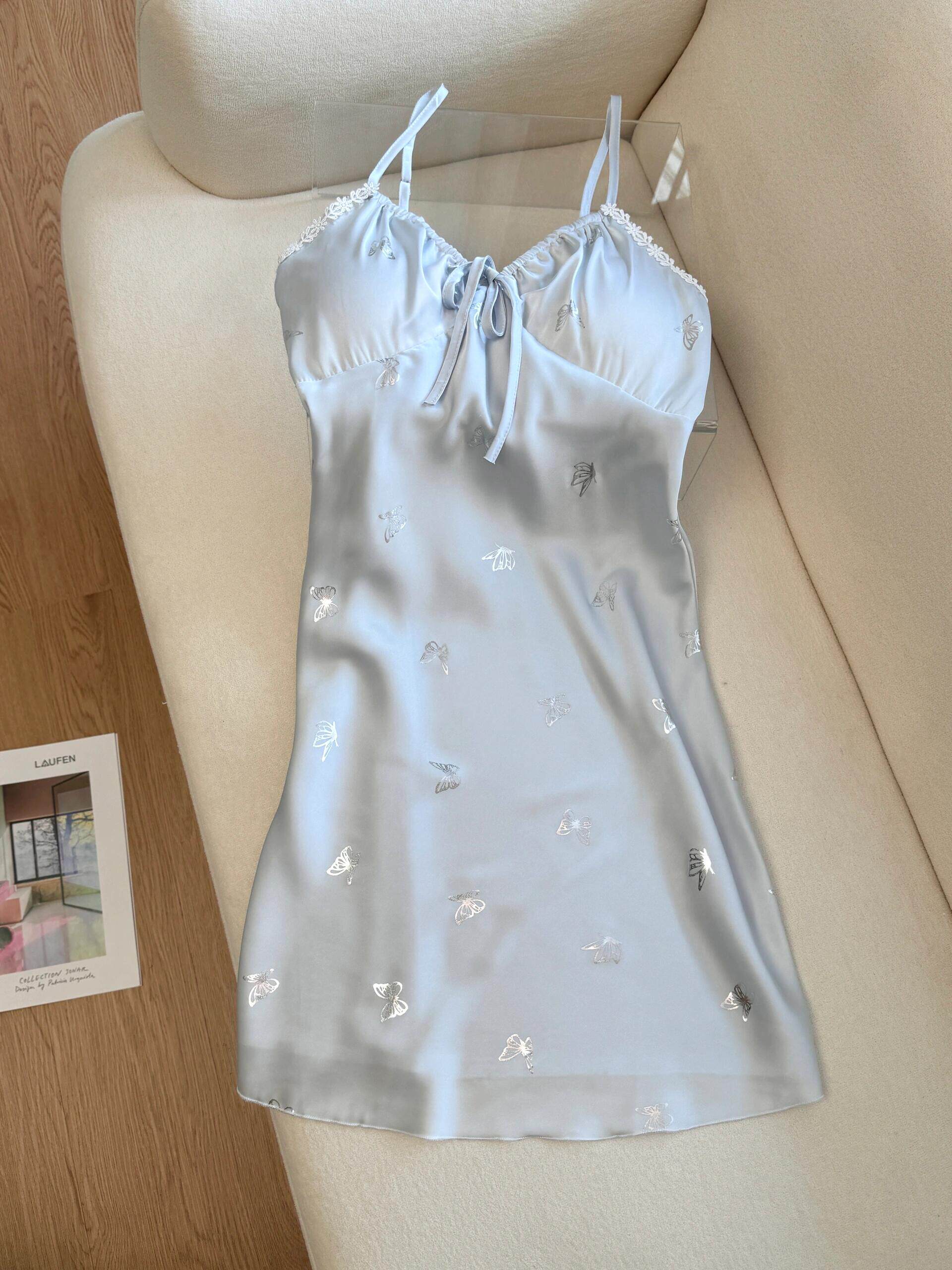 带胸垫蝴蝶吊带睡裙女夏季款夏天睡衣女冰丝睡袍家居服连衣裙新款