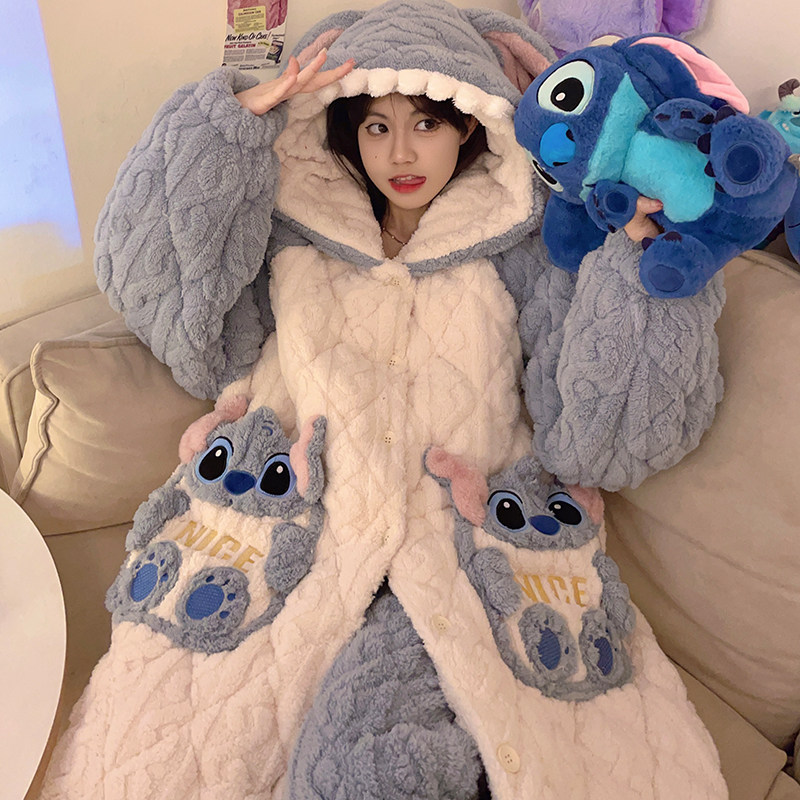 珊瑚绒三层夹棉袄睡衣女冬季加厚加绒秋冬天睡袍家居服中长款浴袍