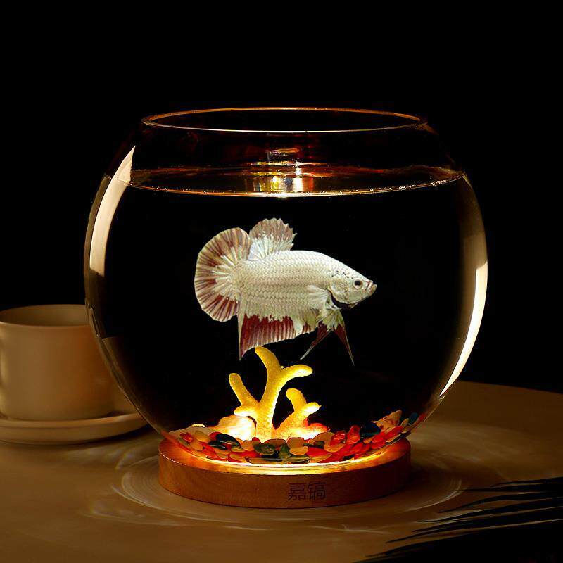 创意客厅小型桌面鱼缸玻璃圆形超白热带斗鱼缸夜灯迷你水族箱摆件