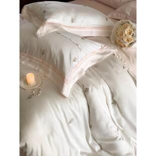 kbq1春夏少女80支兰精天丝四件套复古花卉刺绣蕾丝边凉感被套床上