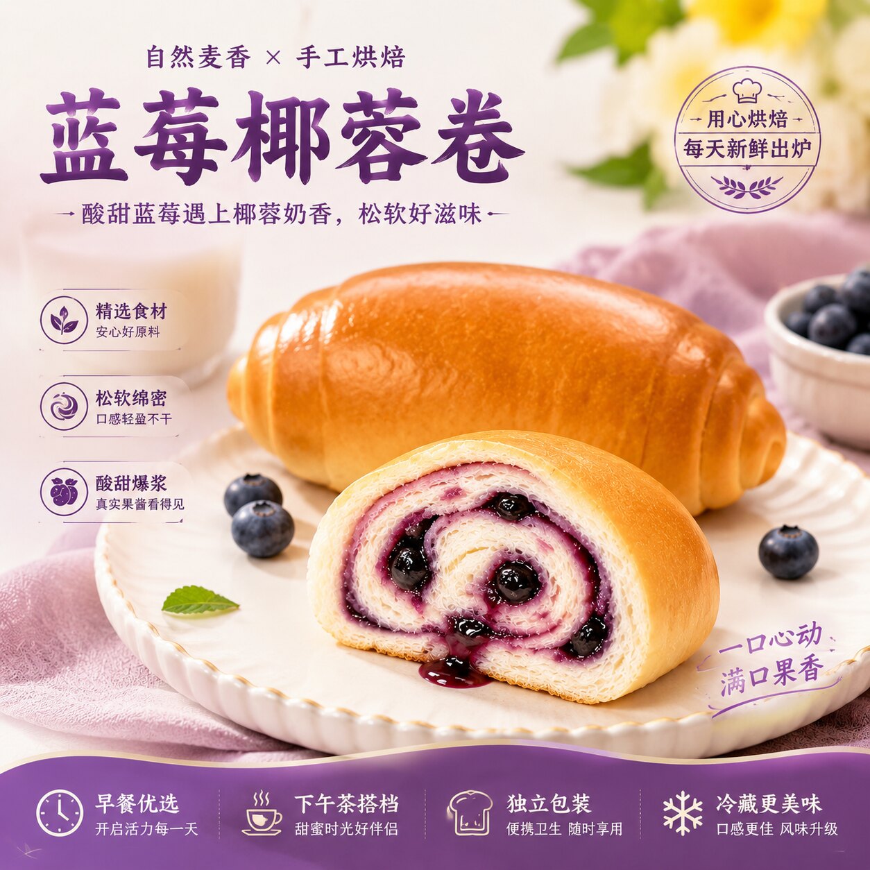 左烘右焙椰香蓝莓卷面包夹心早餐代餐学生儿童营养糕点整箱零食