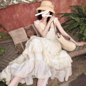 风情万种的裙子夏季女温柔奶甜氛围感荷叶边V领蓬蓬蛋糕连衣裙
