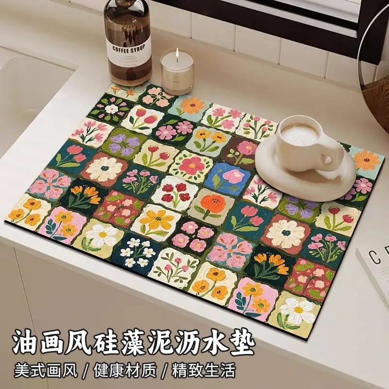 美式油画风硅藻泥厨房沥水垫热销咖啡机垫台面吸水速干垫防滑垫PD